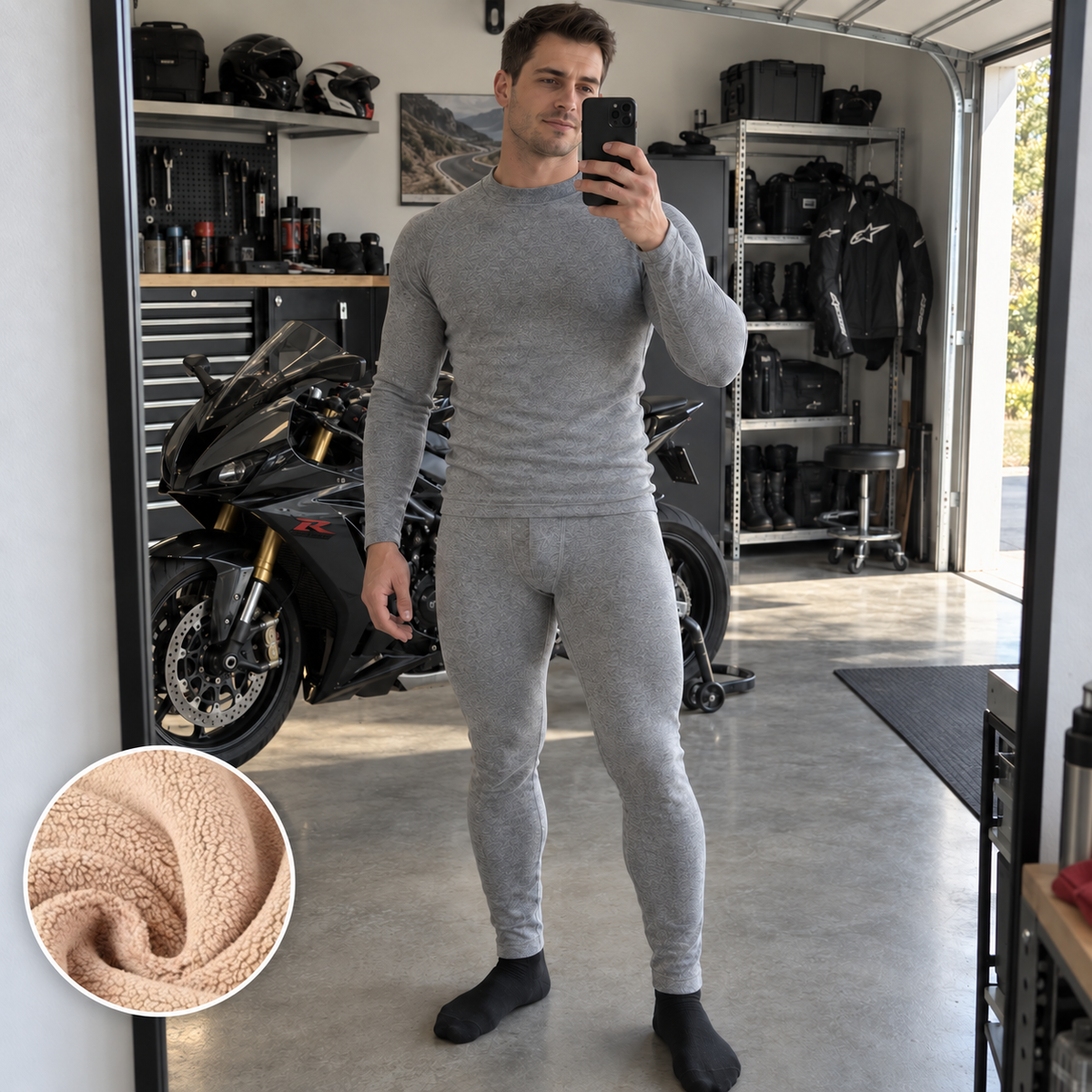 BikerZoneZ RoadHeat™ Fleece-Lined Rider Base Layer Set