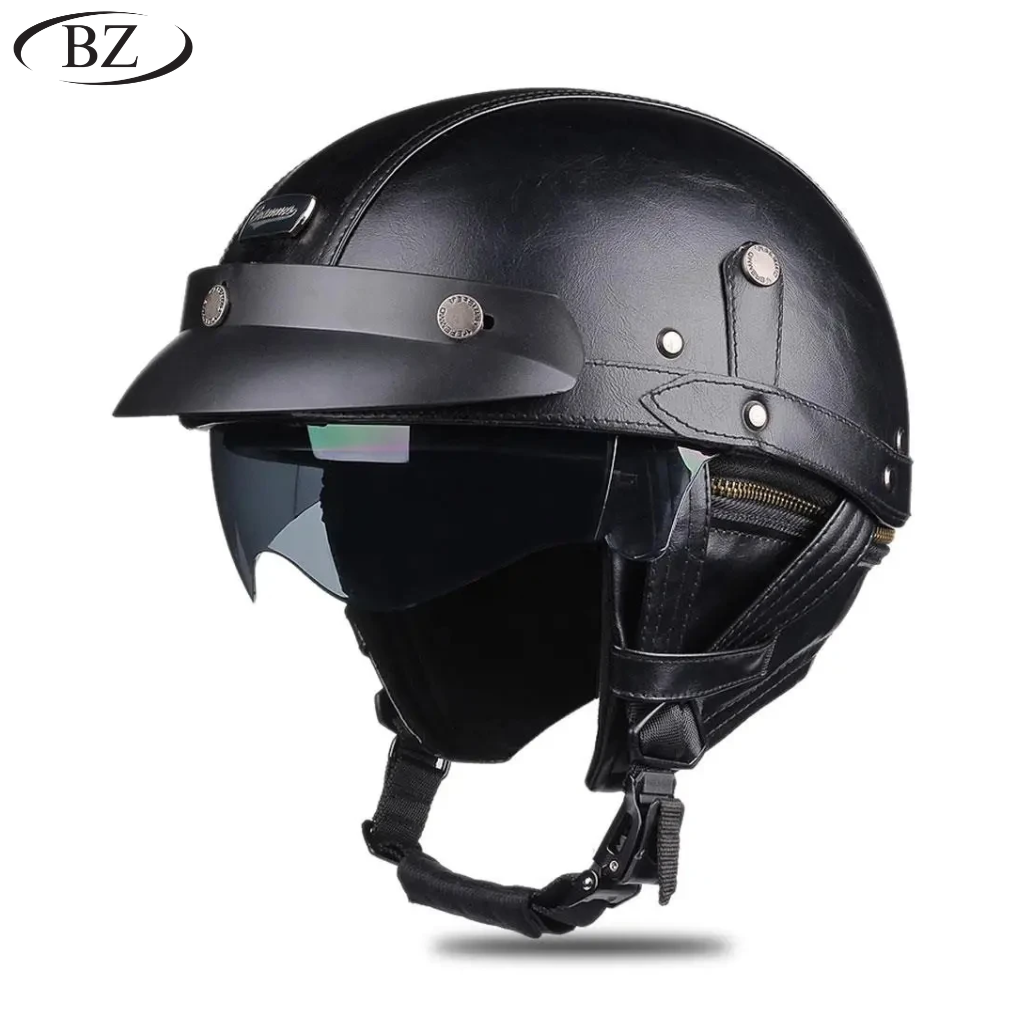 Vintage Leather Half-Face Motorcycle Helmet – DOT & ECE Approved