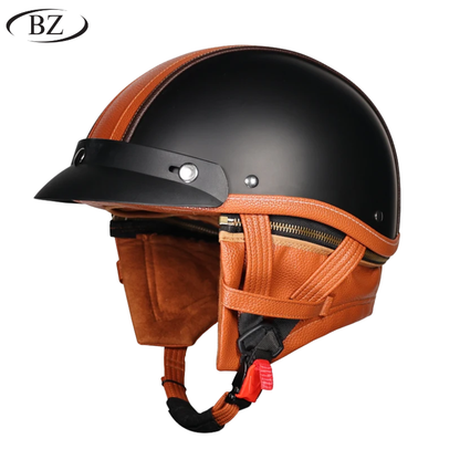Retro Half Helmet – Classic Leather Finish with Removable Ear Covers – DOT & ECE Approved