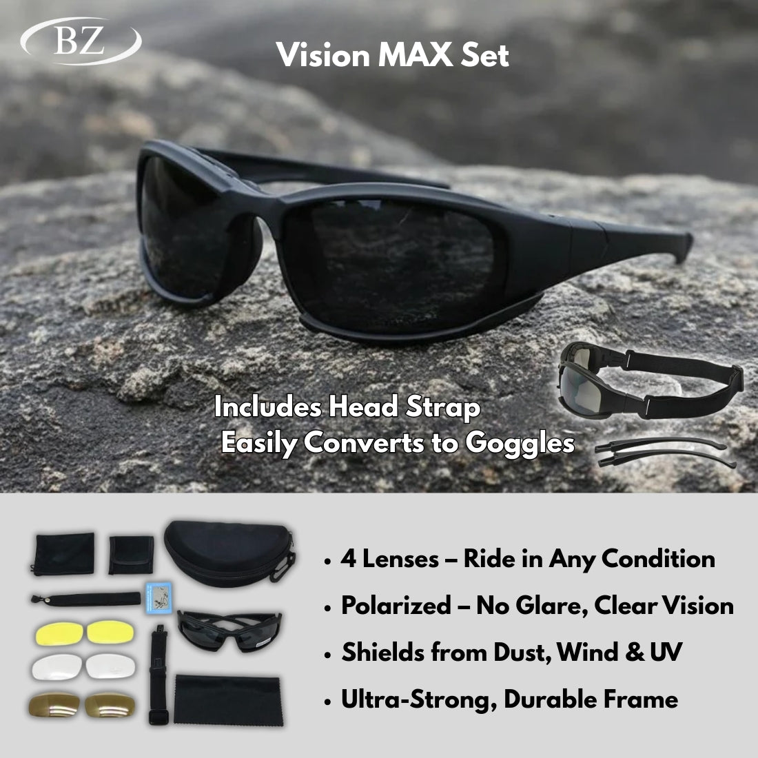 BikerZoneZ Polarized Sunglasses | Includes 4 Lens Colors