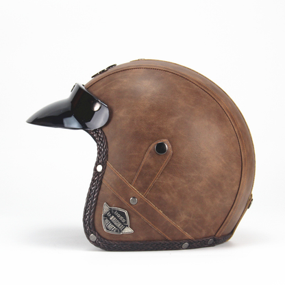 Premium Vintage Leather Open Face Helmet - DOT & ECE Approved