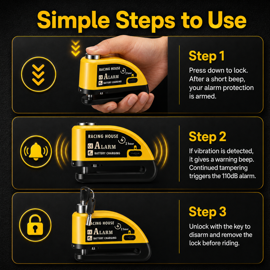 BikerZoneZ Guardian Lock — Rechargeable Alarm Disc Lock