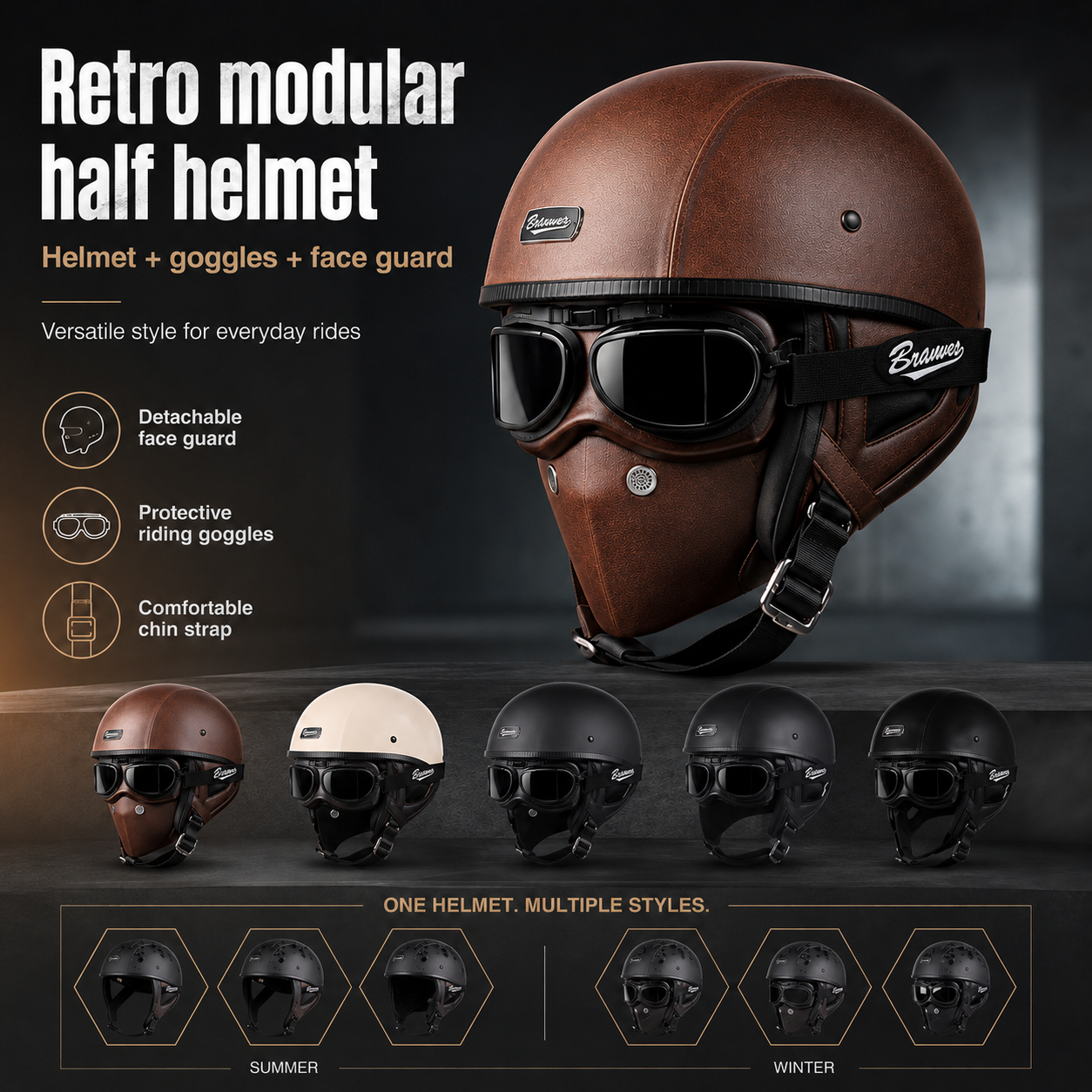 BikerZoneZ IronRider Retro Half Helmet