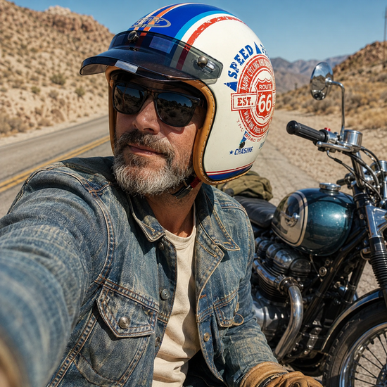 Rider in sunglasses and a denim jacket taking a selfie on a desert highway, wearing a white Route 66 open-face helmet with red and blue stripes, a blue cruiser behind him