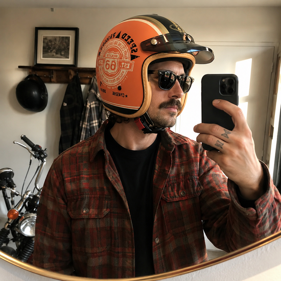 Rider in sunglasses and a flannel shirt taking a mirror selfie, wearing an orange Route 66 graphic open-face helmet, a motorcycle behind him