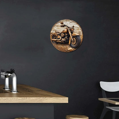 Round Faux Wooden Carved Painted Circular Wreath Sign, Entrance Decoration Gifts Motorcycle Themed Decoration