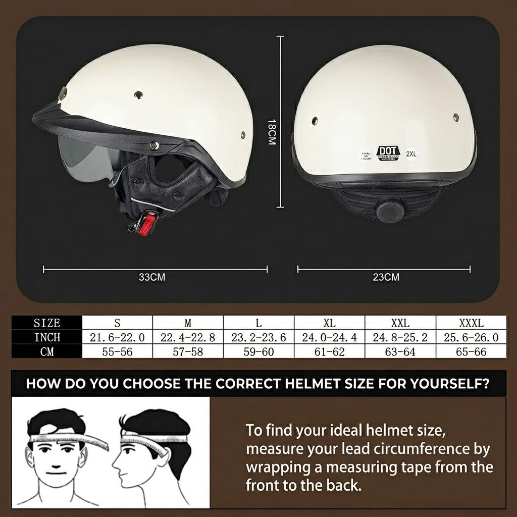 Vintage German Style Half Face Motorcycle Helmet - DOT Certified