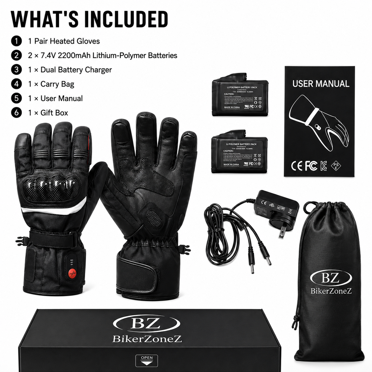 BikerZoneZ™ Heated Motorcycle Gloves - Full-Hand Warmth